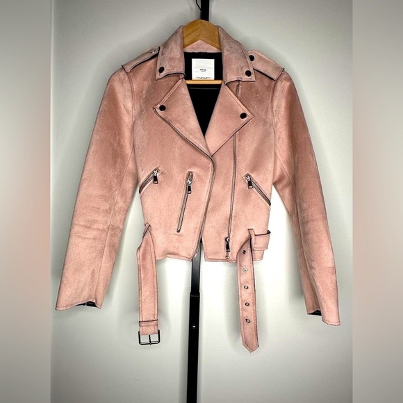 Mango XS Soft-Pink Suede Biker Jacket with Silver Hardware 🌸 - Picture 1 of 4